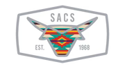Southwestern bull head logo with colorful Aztec pattern, SACS text, EST. 1968 badge.
