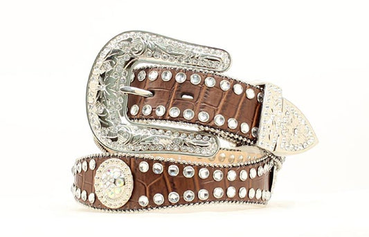 Brown leather western belt with silver buckle and rhinestone studs for women