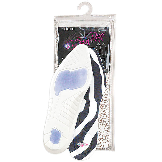 Pair of white and black insoles with a blue arch support in a clear packaging.