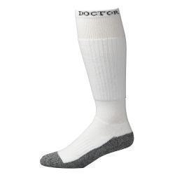 A single white knee-high athletic sock with a gray toe and heel, featuring the brand name 'DOCTOR' printed in black on the ribbed cuff.