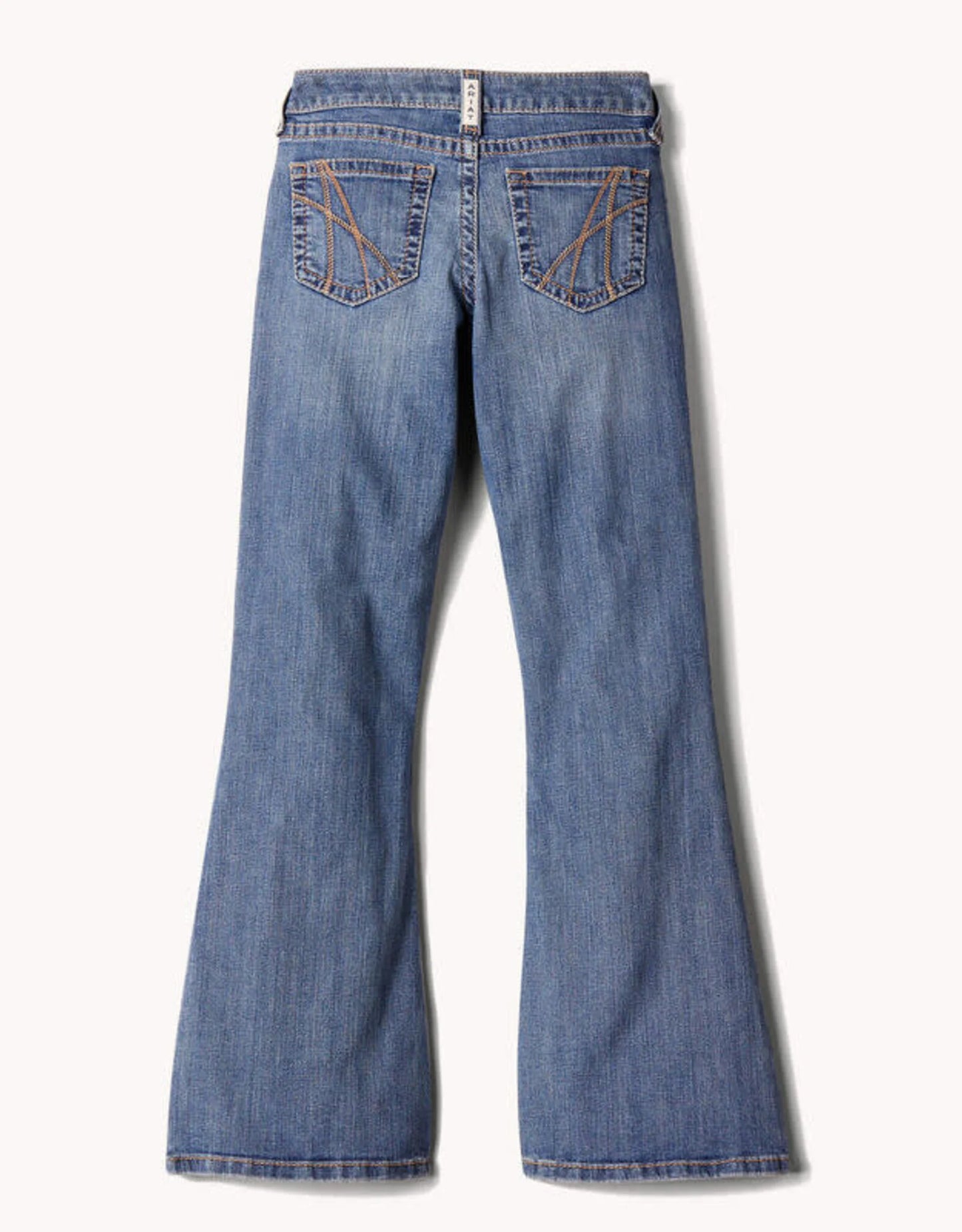 Blue denim flare jeans with unique back pocket stitching, displayed flat on white background.