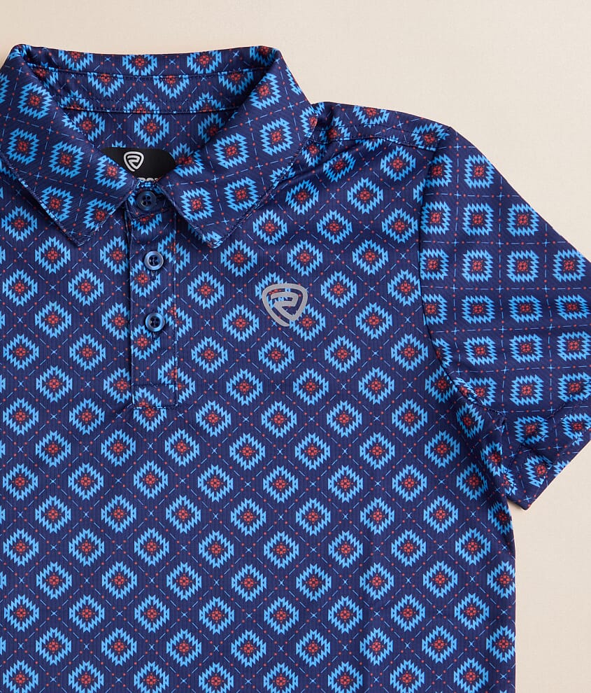 Blue and red geometric patterned short-sleeve polo shirt with buttons