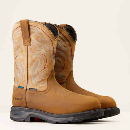 Pair of tan work boots with stitching details on a light background