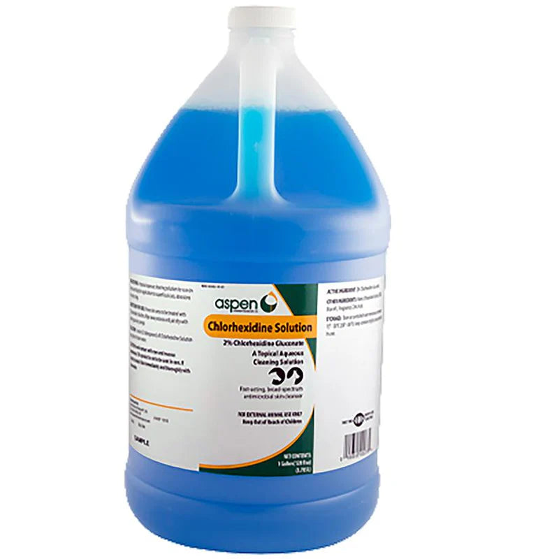 Gallon jug of Aspen chlorhexidine solution with blue liquid and labeled for topical use
