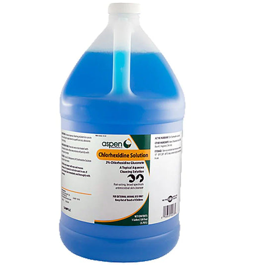 Gallon jug of Aspen chlorhexidine solution with blue liquid and labeled for topical use