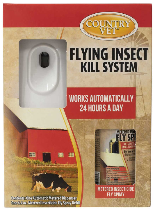 Automatic flying insect control system with dispenser and spray for barns and livestock areas.