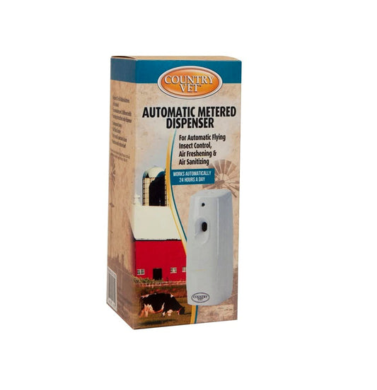 Automatic metered dispenser box for flying insect control, air freshening, and sanitizing