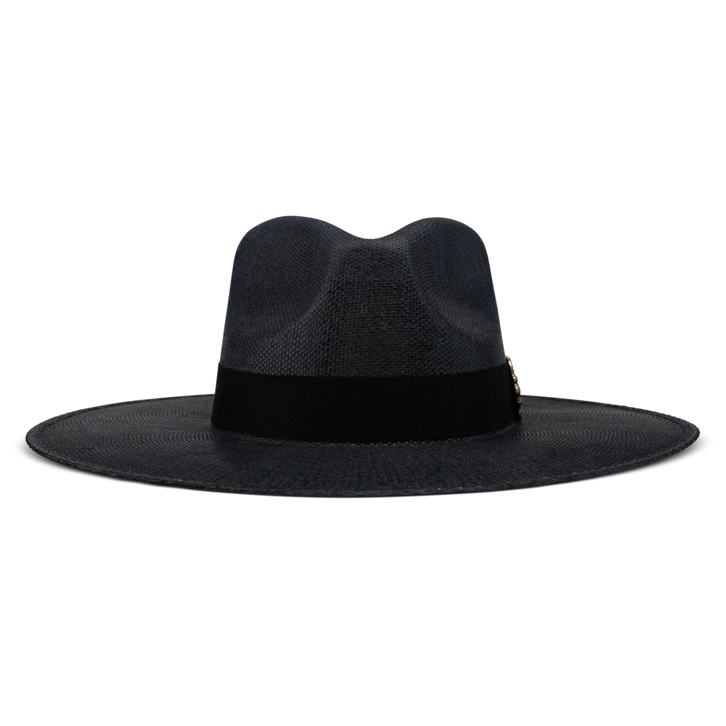 Black fedora hat with a wide brim on a white background