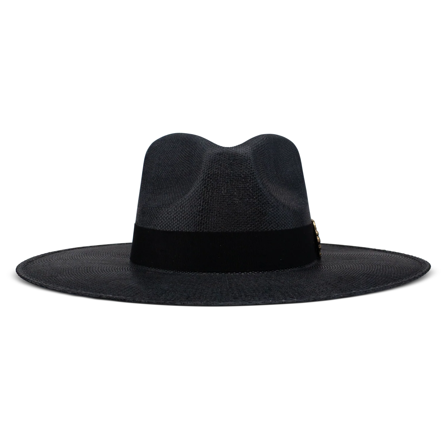 Black fedora hat with a wide brim on a white background