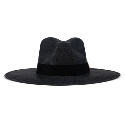 Black fedora hat with a wide brim on a white background