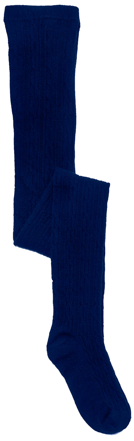 Navy blue cable knit tights with textured pattern, full length hosiery on white background