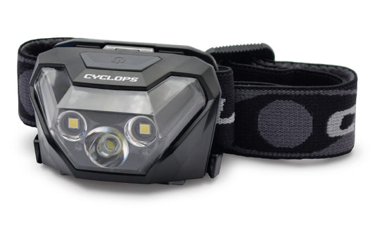 LED headlamp with adjustable black strap and rectangular front light