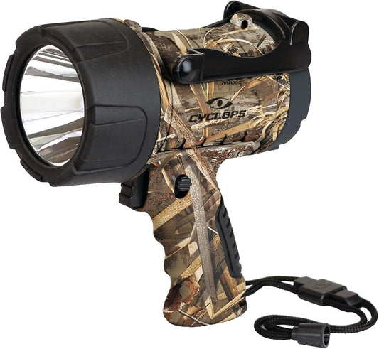 Camo handheld spotlight with ergonomic grip, Cyclops 350 lumen LED light, lanyard attached