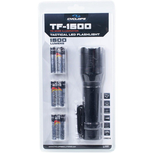 Cyclops TF-1500 tactical LED flashlight in packaging with batteries, 1500 lumens