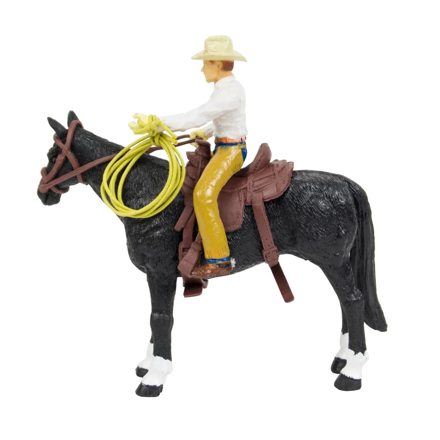 Cowboy figurine riding black horse with lasso and western saddle, toy model