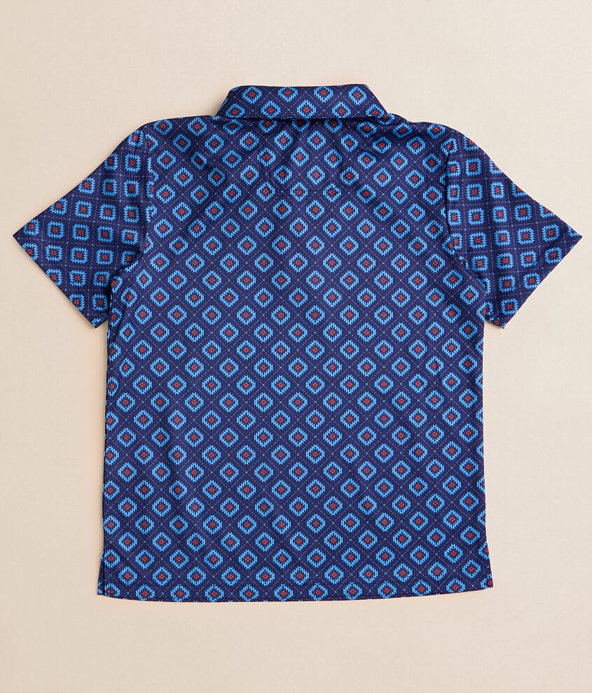 Men’s short sleeve navy shirt with blue geometric diamond pattern, flat lay back view