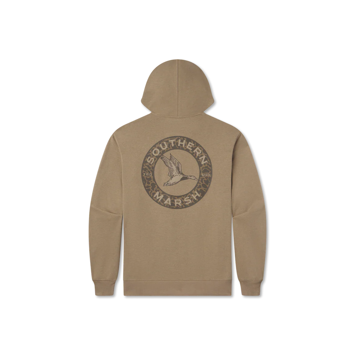 Khaki hoodie with Southern Marsh bird logo on back, casual outdoor apparel