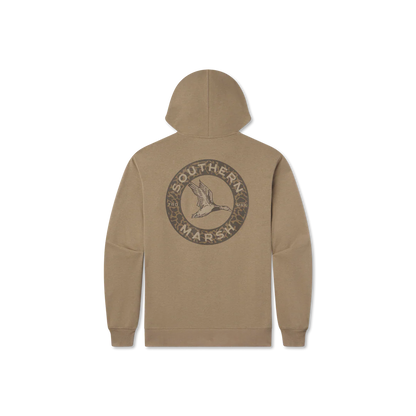 Khaki hoodie with Southern Marsh bird logo on back, casual outdoor apparel