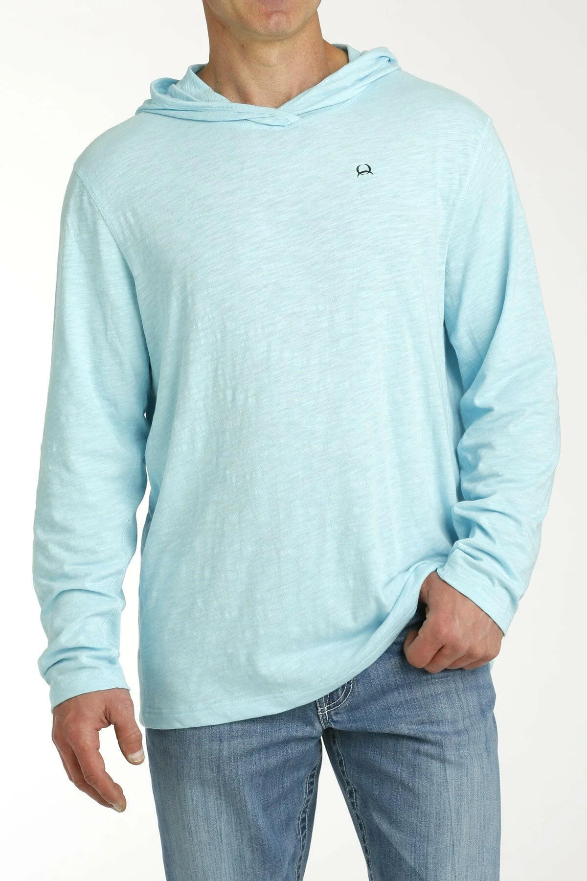 Light blue hoodie worn by a person on a white background