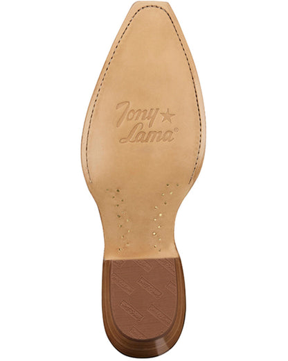 Leather cowboy boot sole with stitched edge and branded logo, detailed tread pattern on heel.