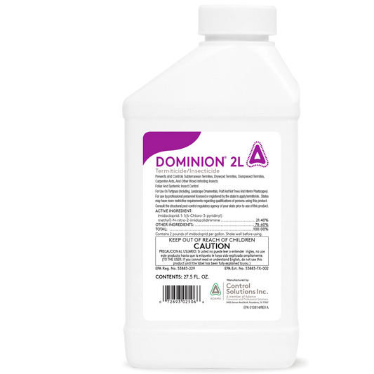 Dominion 2L termiticide insecticide bottle, 27.5 fl oz, white plastic container with label