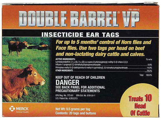 Double Barrel VP insecticide ear tags box for cattle, treats 10 head, with cows shown.