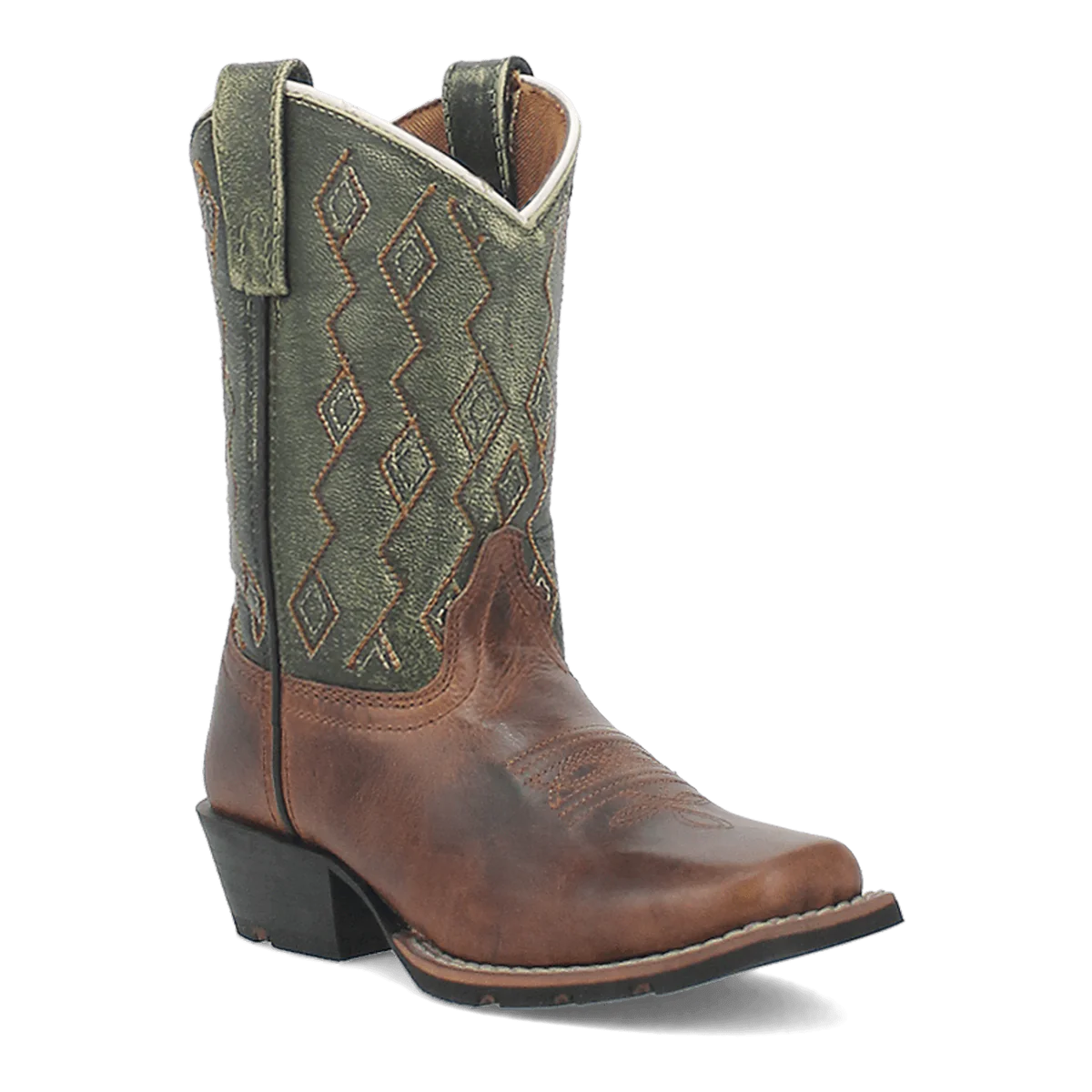 Brown and green leather cowboy boot with decorative stitching and square toe