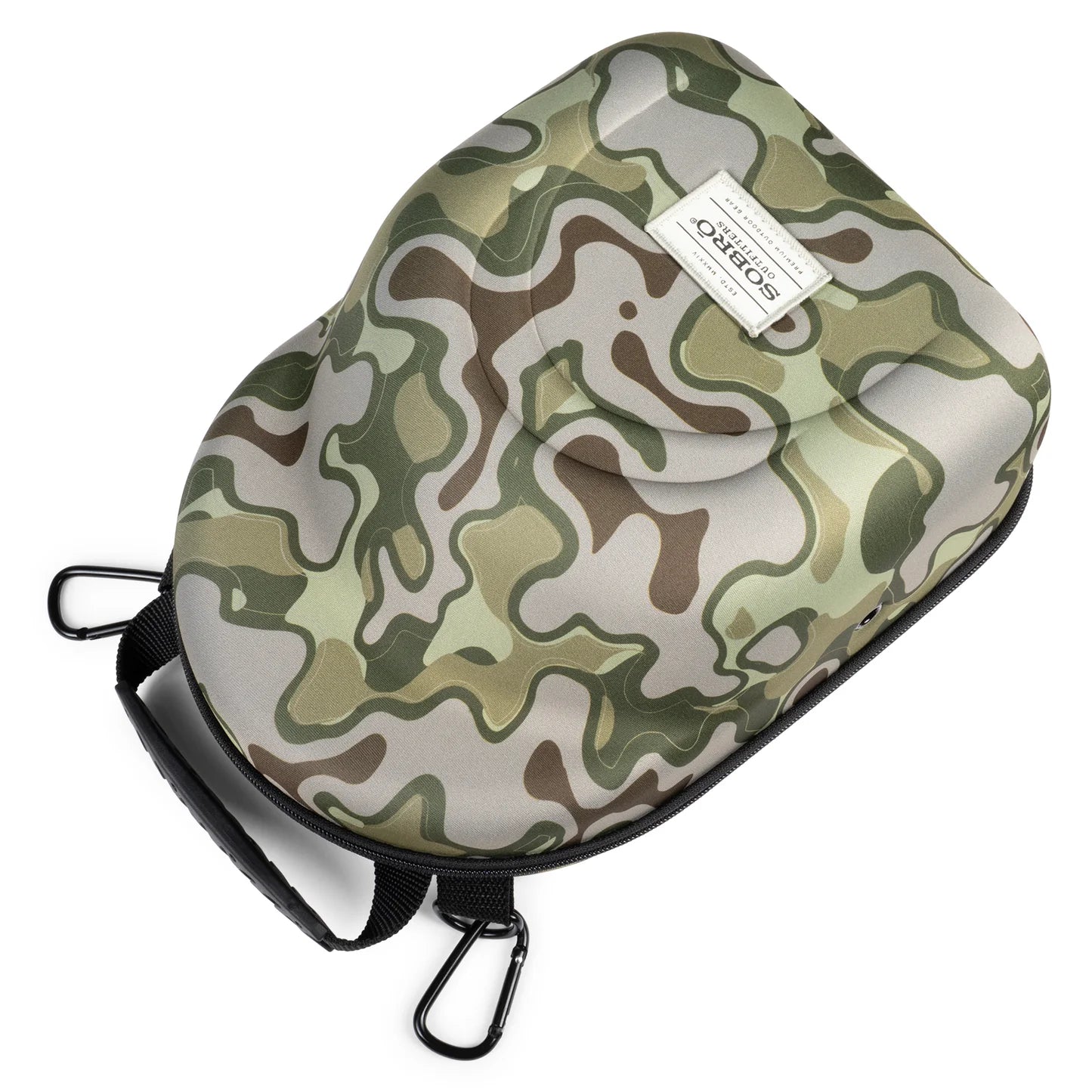 Camouflage-patterned case with a visible brand label on a white background