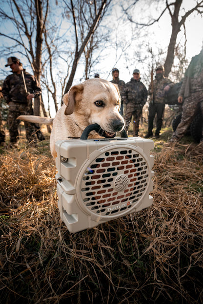 Dog in a white crate held by a person in a field with people in camouflage clothing in the background.