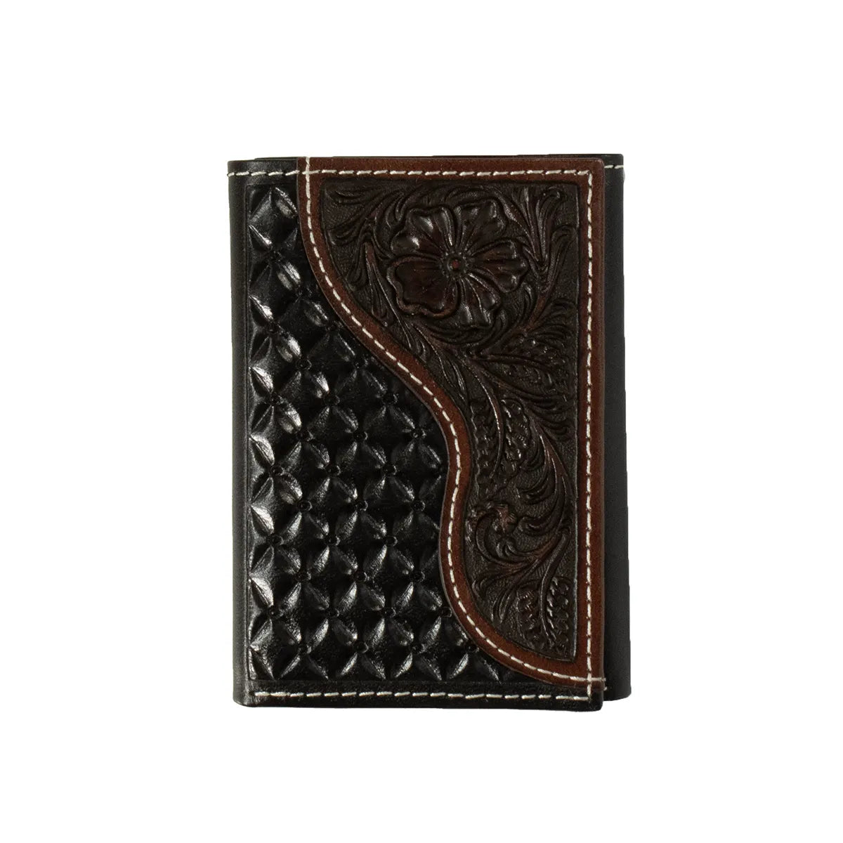 Description: Nocona Trifold Wallet Floral Overlay Brown