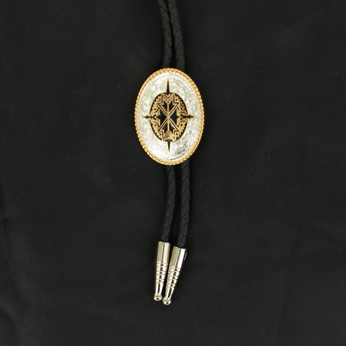 Stylish silver and oval bolo with black accents. Black leatherette bolo cord with silver tips. Outlined with a beautiful rope design. Classic bolo look for both dress and casual occasions.
