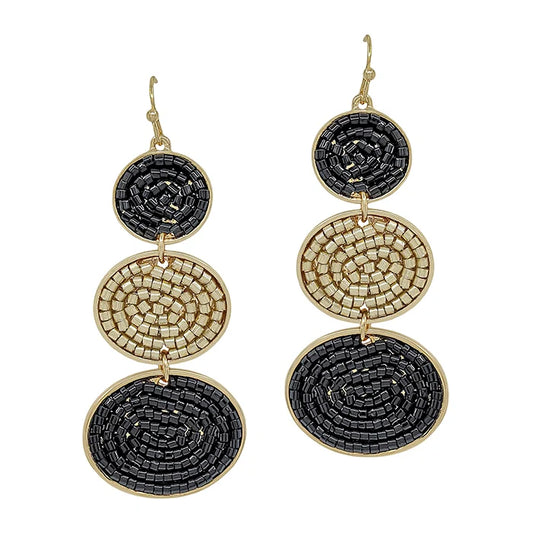Black Seed Bead and Gold Beaded 3 Drop 2" Earring