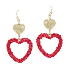 RED BEAD HEART 2 INCH EARRING
