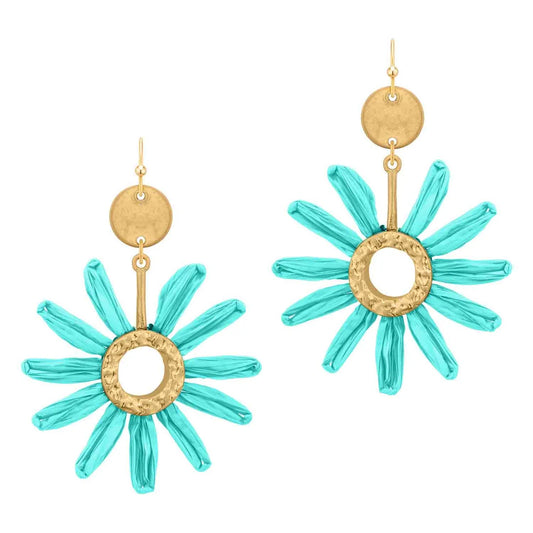 Mint Raffia Flower and Gold 2" Earring