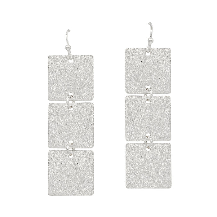 3 Square Silver Satin Textured Metal 1.5" Earring