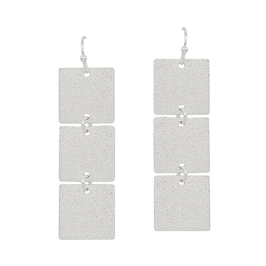 3 Square Silver Satin Textured Metal 1.5" Earring