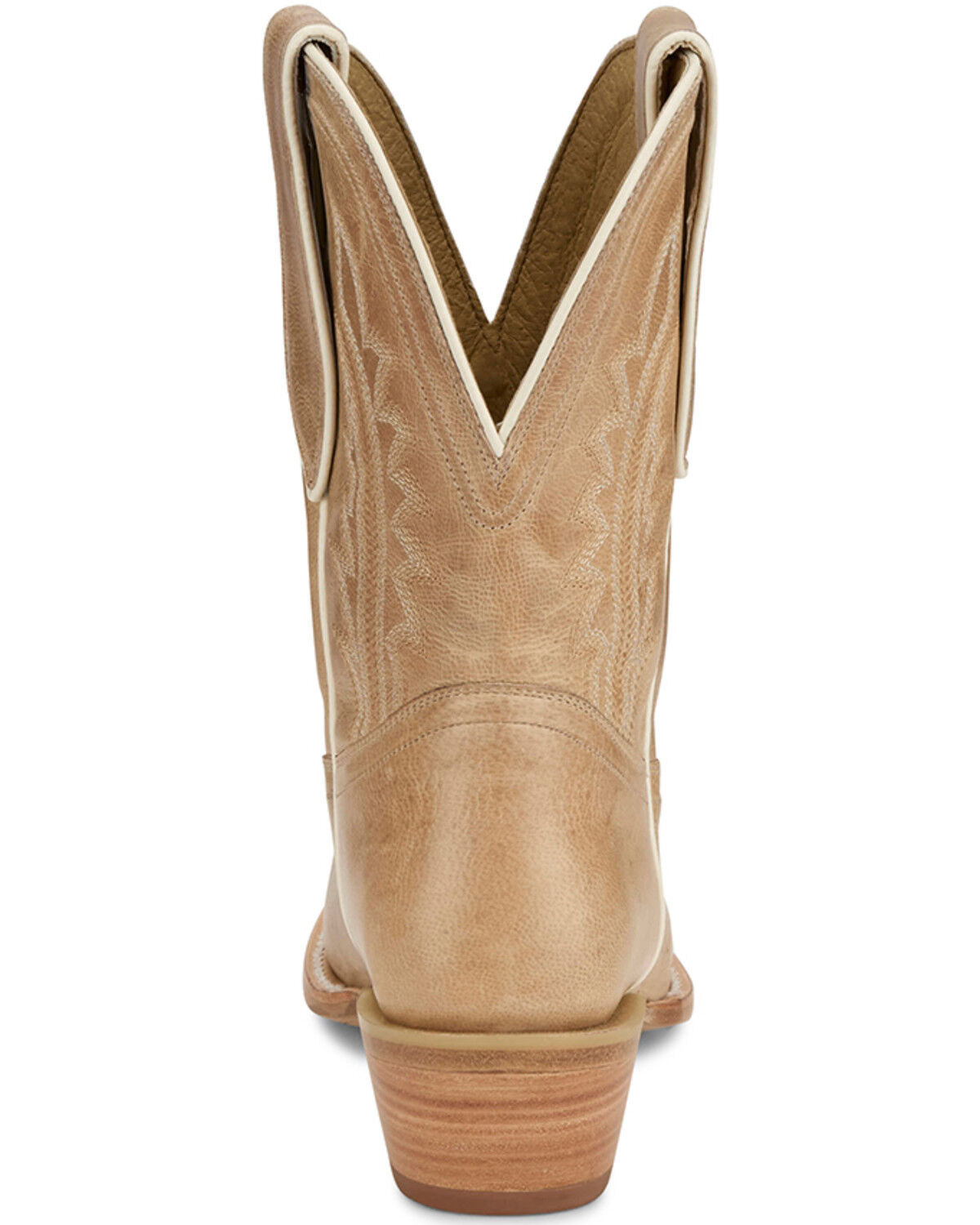 Back view of tan leather cowboy boot with classic western stitching and stacked heel