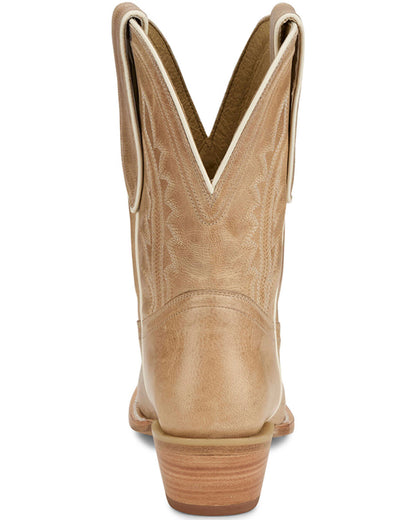 Back view of tan leather cowboy boot with classic western stitching and stacked heel