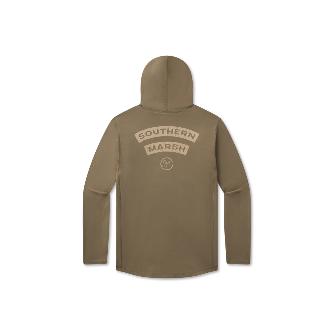 Khaki long sleeve hooded shirt with Southern Marsh logo on back, outdoor apparel