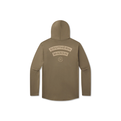 Khaki long sleeve hooded shirt with Southern Marsh logo on back, outdoor apparel