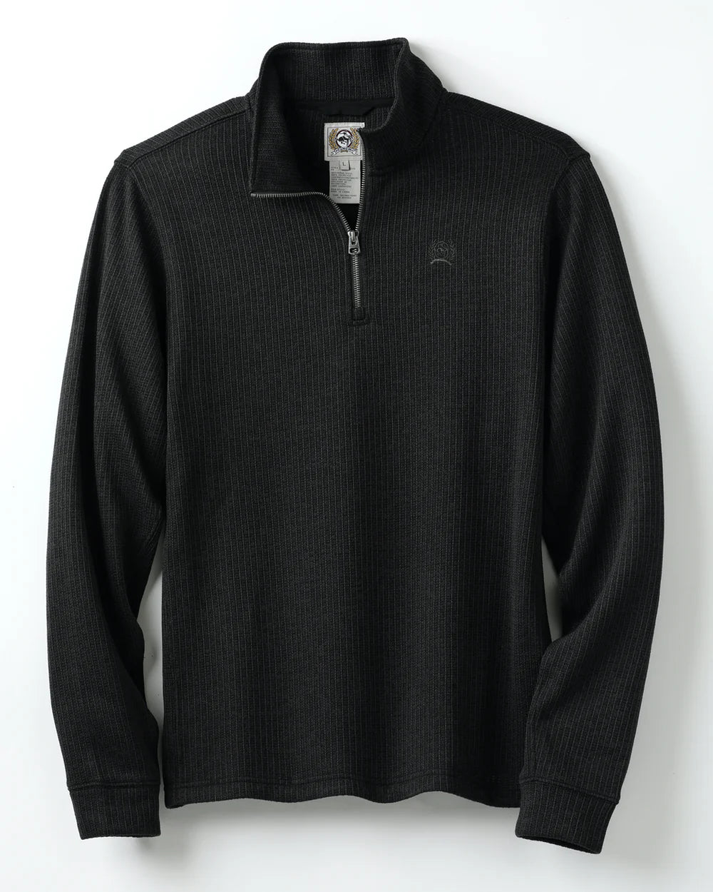 Black ribbed quarter-zip pullover sweater with long sleeves and stand collar