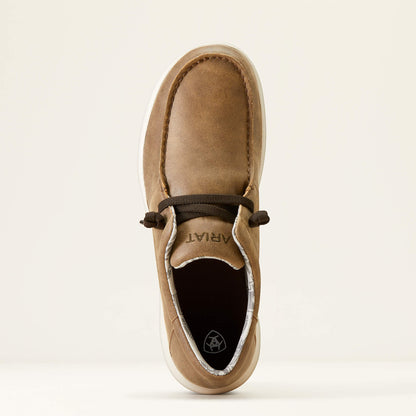 Brown leather casual shoe with white sole and dark laces, top view, on plain background