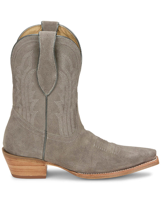 Gray suede western cowboy boot with pointed toe, decorative stitching, and wooden heel
