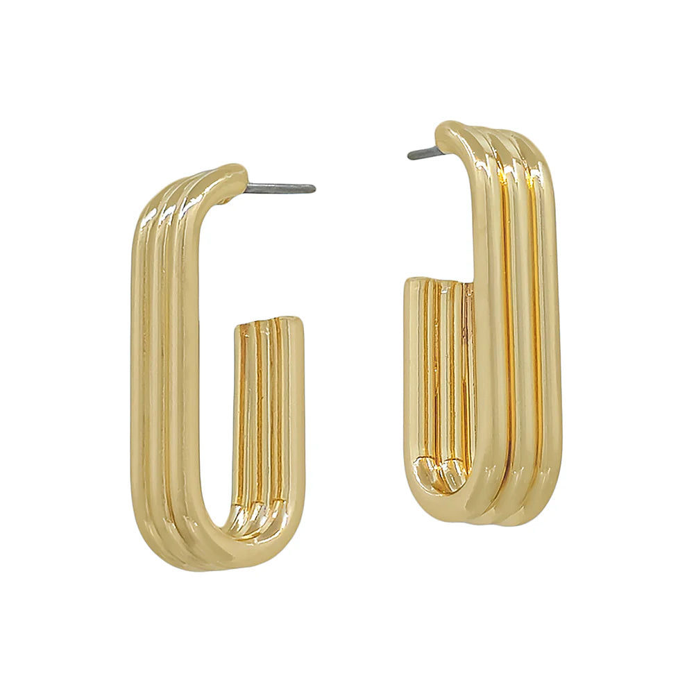 Gold-tone geometric ribbed hoop earrings with a modern rectangular design on white background