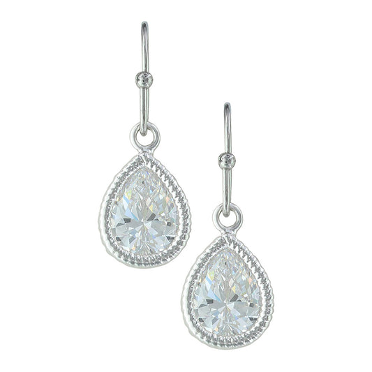 Teardrop-shaped crystal earrings on a white background