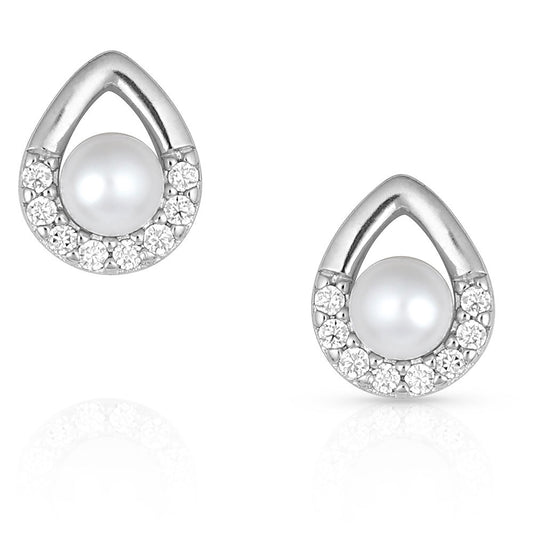 Pair of silver earrings with pearls and small diamonds on a white background