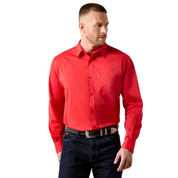 man wearing red long sleeved shirt with white background