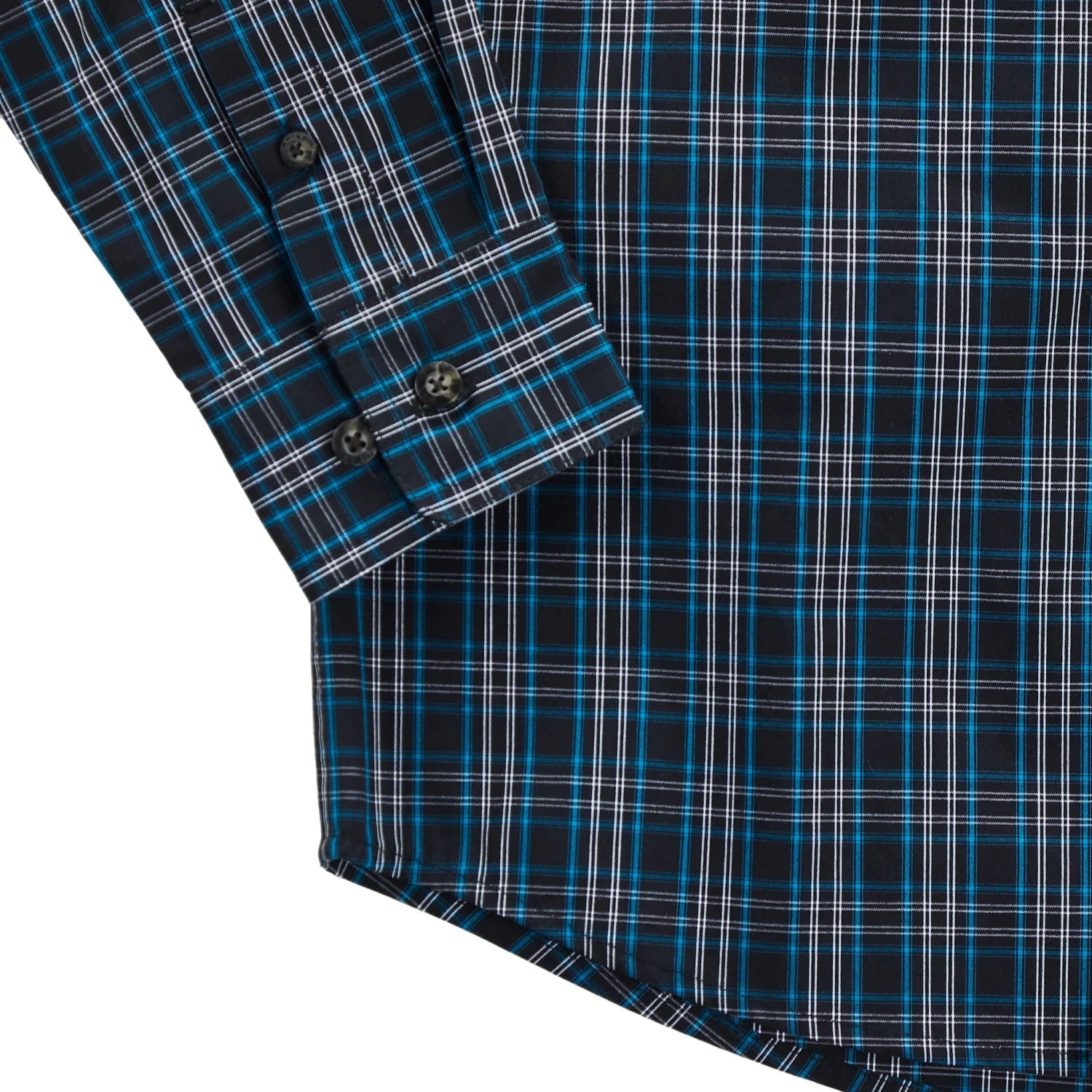 Blue and black plaid long sleeve shirt with buttoned cuffs, close-up view
