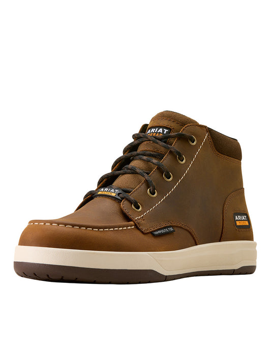 A brown leather Ariat mid-top work boot with black laces, contrast stitching, and a thick cream-colored midsole, shown from a side profile on a white background.
