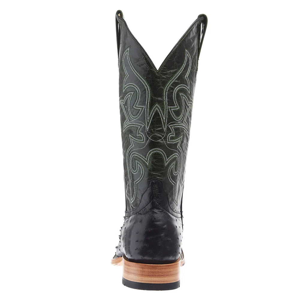 Black ostrich leather cowboy boot with decorative stitching, viewed from the back